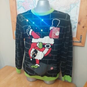 Ugly Christmas Sweater- Light-Up Santa Sweater - Black and Green- Size Large